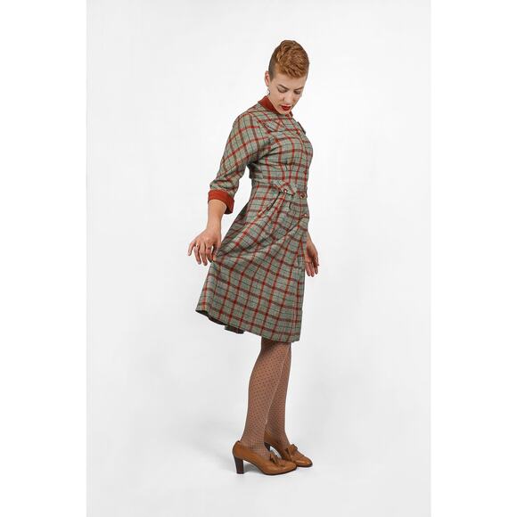 Vintage 1940s/50s Wool Plaid Button-up Shirt-Waist Dress w Corduroy Collar | S/M - Picture 6 of 10